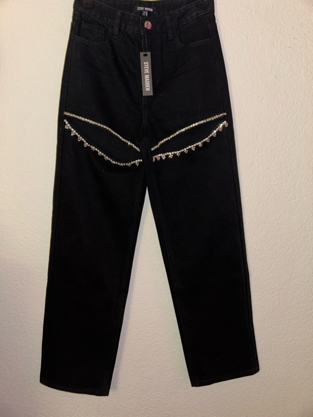 Steve Madden Black Straight-Leg Jeans with Crystal Trim